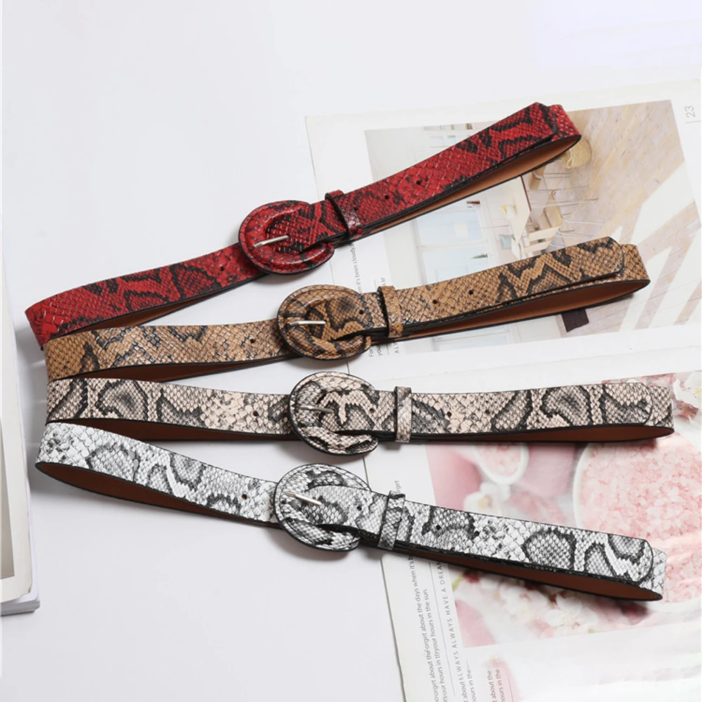 Winfox Fashion Red White 2.7cm Wide Snake Skin Belts For Women Female PU Leather Round Pin Buckle Crocodile Jeans Dress Belts