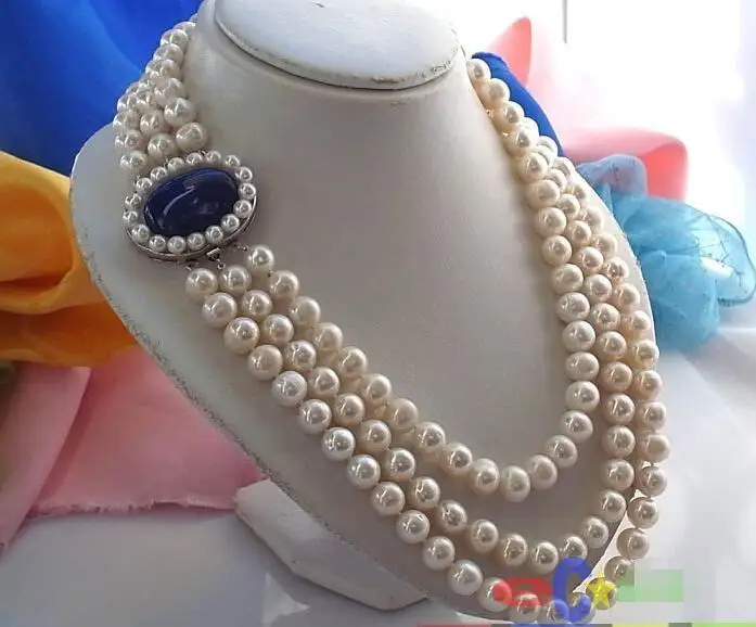 

FREE SHIPPING HOT sell new Style >>>>3ROW 11MM WHITE ROUND FRESHWATER CULTURED PEARL NECKLACE LAPIS