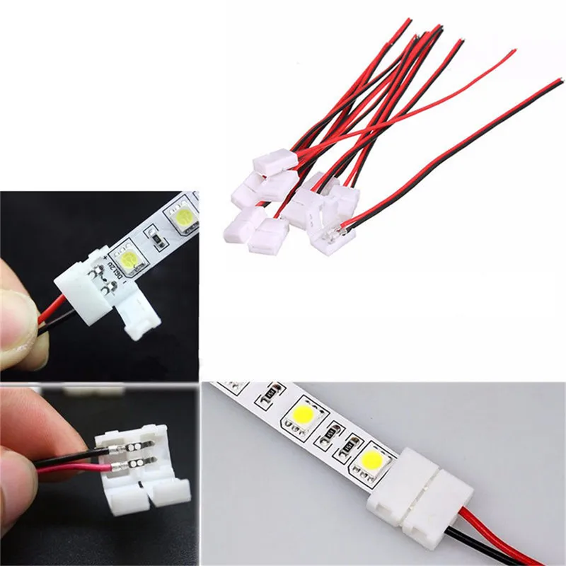 10Pcs/lot PCB Cable 2 Pin LED Strip Connectors 3528/5050 8mm / 10mm Width PCB Ribbon Single Color Adapter Wholesale