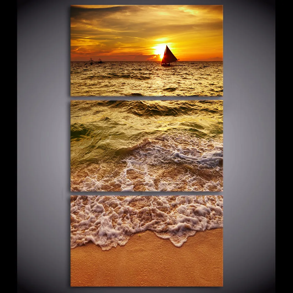 

3 Pcs/Set Framed HD Printed Beach Waves Sunset Sailing Modern Wall Art Modular Pictures Home Decor Poster Canvas Painting