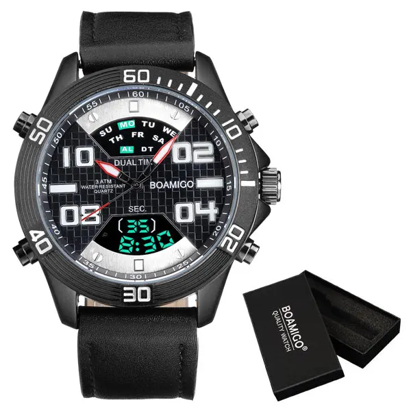 black with box BOAMIGO, Брендовые мужские спортивные часы, модные кварцевые наручные часы для мужчин, 30 м, водонепроницаемые, светодиодный, цифровые часы, Relogio Masculino - Цвет: black with box