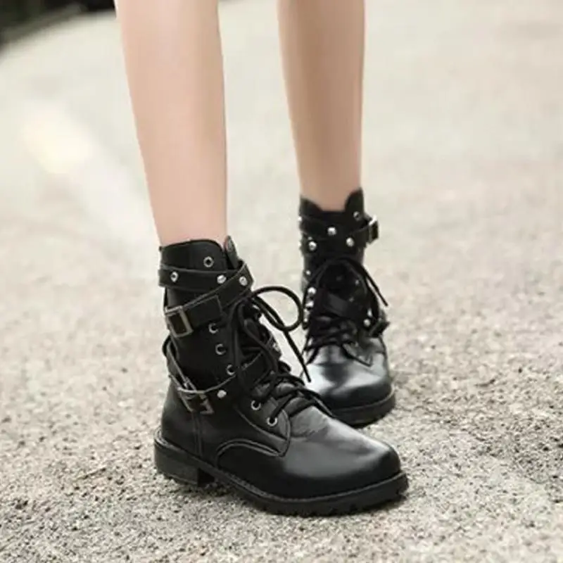 

Fashion New Punk Gothic Style Lace up Belts Round Toe Boots Women Shoes Short Boots