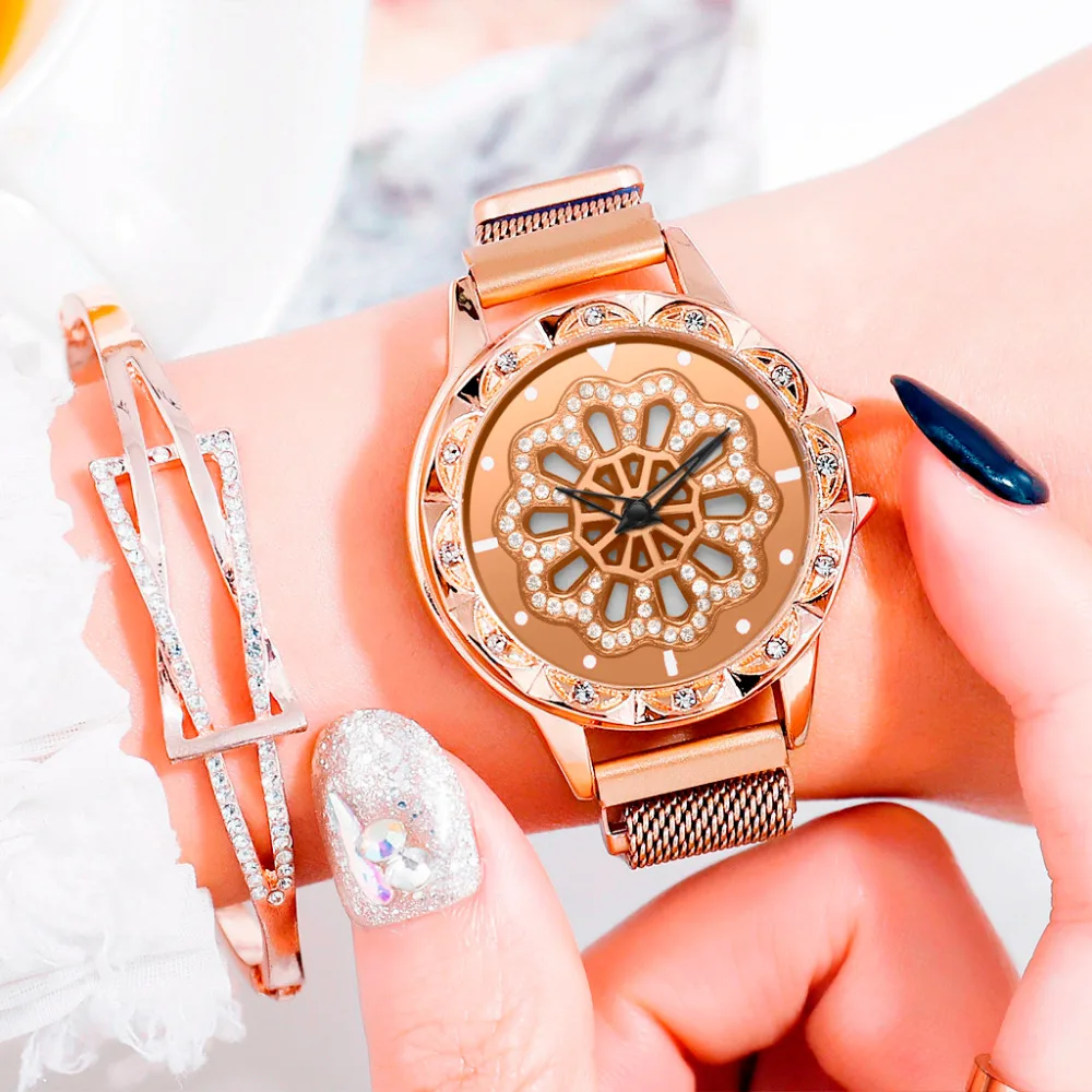 

Luxury Steel Strip Reloj Hombre Creative Women Watch 360 Dial Degree Rotating Fashion Diamond Quartz Ladies Watches Gift Clock#W