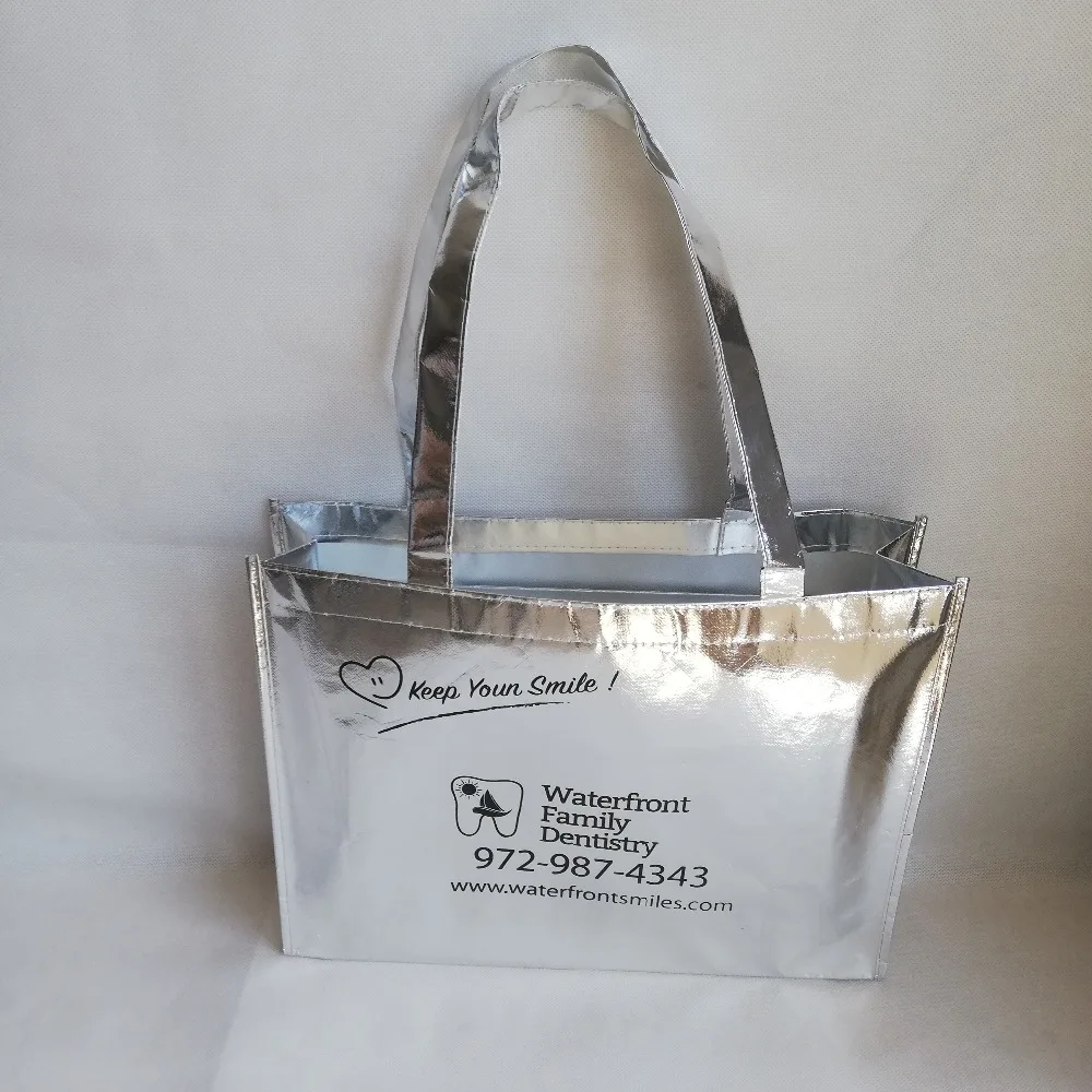 500 шт./лот 30Hx40x10cm оригинальная сумка-шоппер с вашим логотипом Печатный металлический серебристый нетканый торговый рынок сумка с рекламой