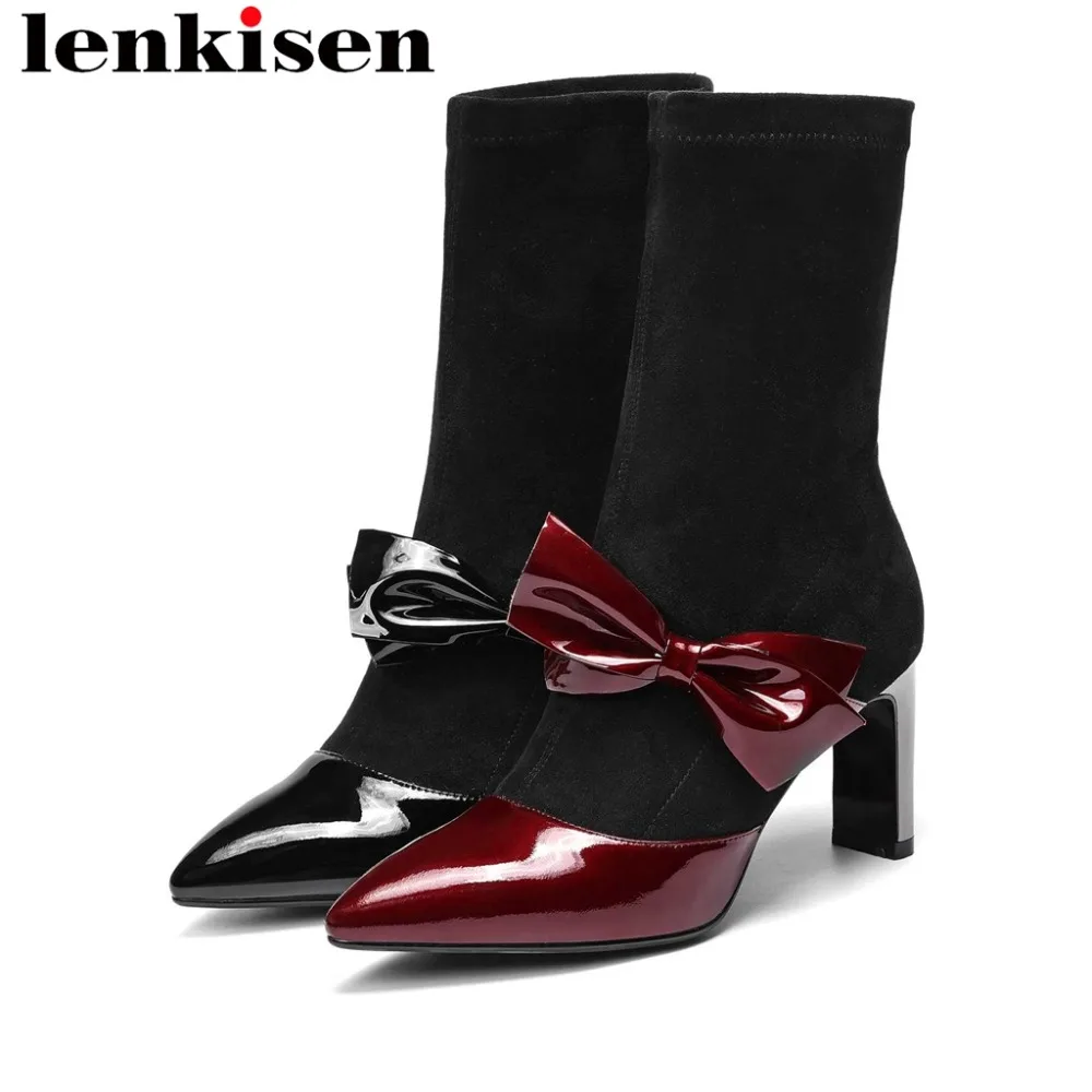 

Lenkisen cow patent leather fairy butterfly-knot fashion british style high heels slip on pointed toe stretch mid-calf boots L53