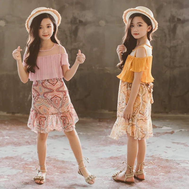 

Fashion Bare Shoulder Dress Sweet Child Girls 2019 New Summer Floral Fake 2 Pieces Big Kids 3 -12 Years Off The Shoulder Dresses