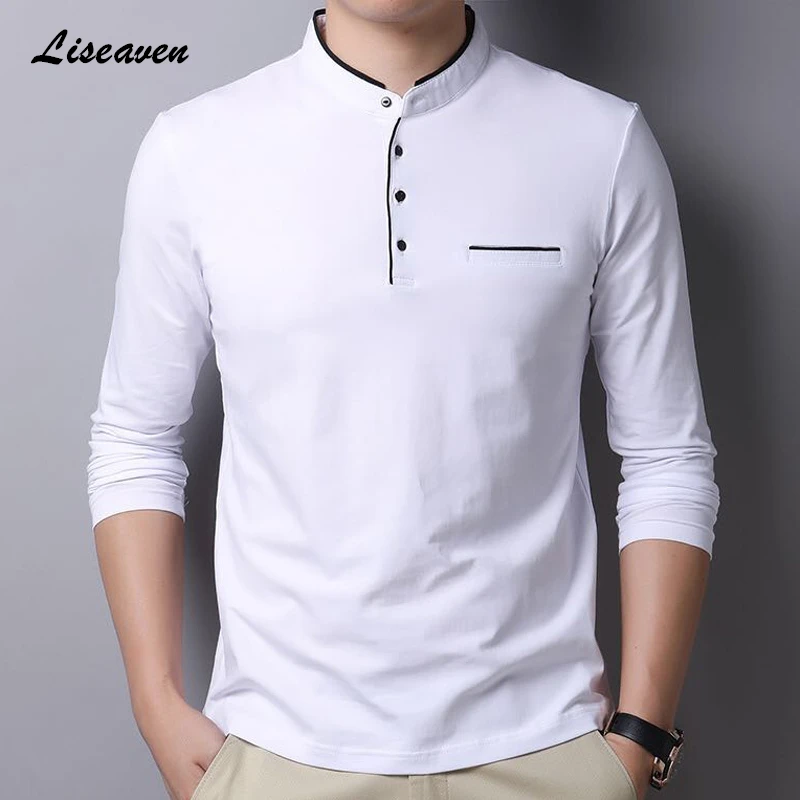 

Liseaven T Shirt Men 2019 Full Sleeve Mandarin Collar T-Shirts Tops&Tees Men Long Shirt Solid Color Men Clothing