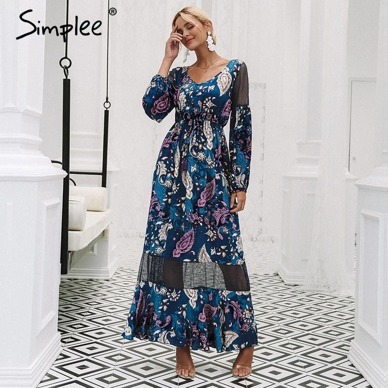 Simplee V neck print long dress women Mesh hollow out long sleeve high waist dresses 2018 Autumn casual female dress Simplee V neck print long dress women Mesh hollow out long sleeve high waist dresses 2018 Autumn casual female dress