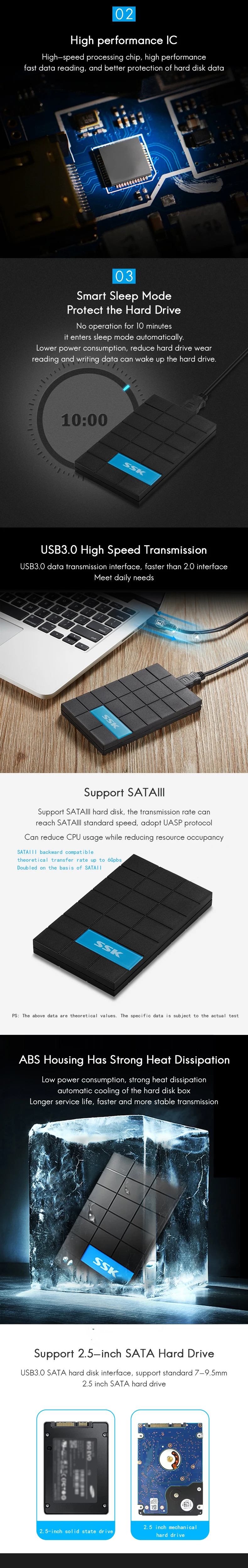 SSK HDD чехол 2,5 дюймов SATA to USB3.0 корпус SSD, HDD адаптер для типа C коробка для жесткого диска внешний HDD высокоскоростной Черный 080