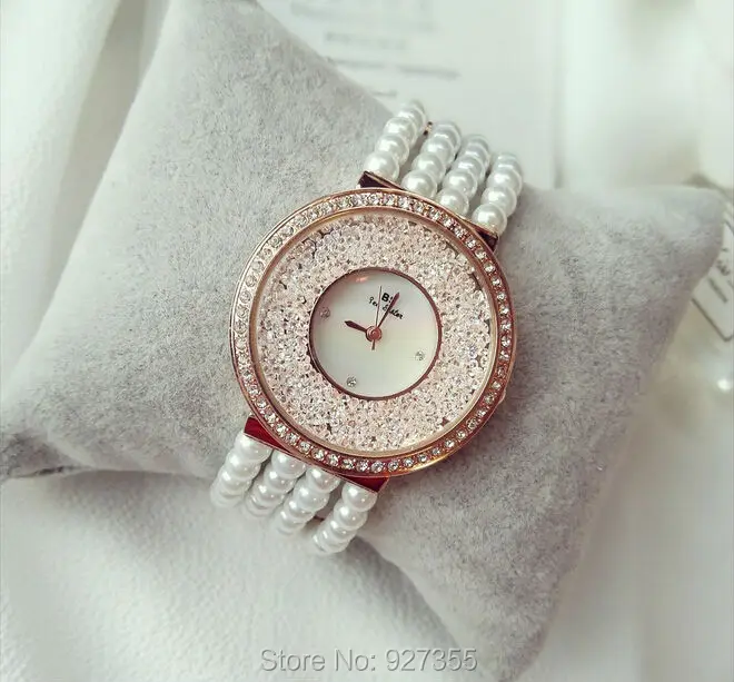 Новое поступление женские часы Леди жемчужина платье часы золотые серебряные полный наручные часы с браслетом, украшенные стразами женские часы с бриллиантами для девочек