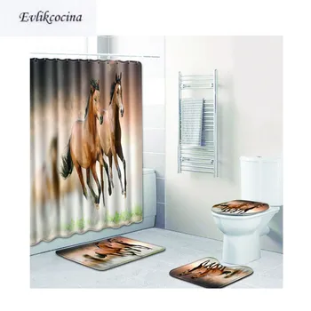 

Free Shipping 4Pcs Coffee Horse Banyo Bath Mats Anti Slip Bathroom Mats Set Tapete Banheiro Washable Toilet Rugs Alfombra Bano