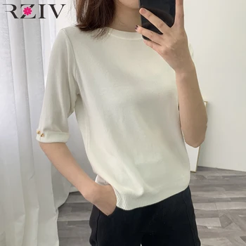 

RZIV Spring Women's T-Shirt Casual Solid Color Button Decorative Knit T-Shirt