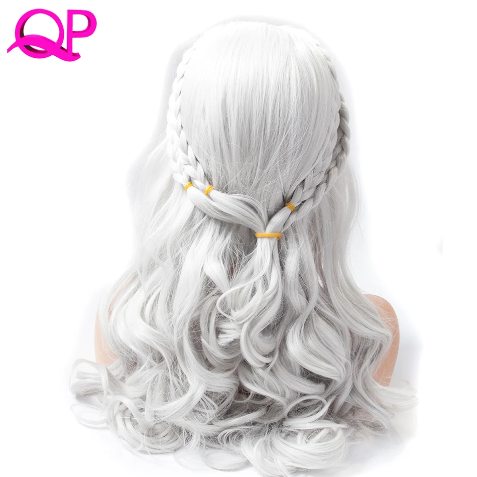 Qp Волосы средней длины кос Искусственные парики для Для женщин серебряного цвета 20 дюймов объемная волна Косплэй парик