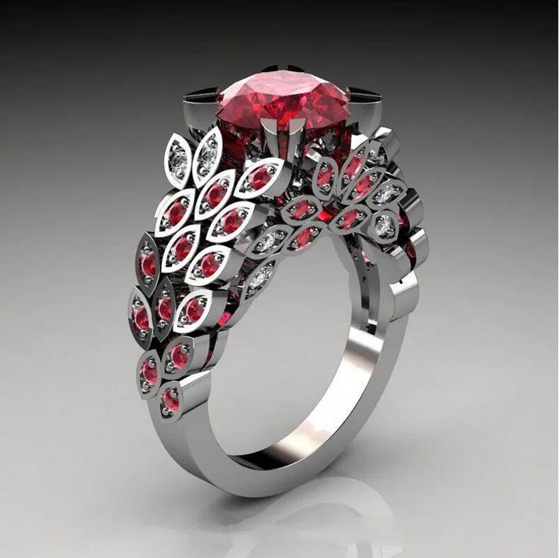 Модные креативные женские серебристый Блестящий Цвет Красный Кристалл Циркон листья Обручальное кольцо для женщин помолвка вечерние ювелирные изделия