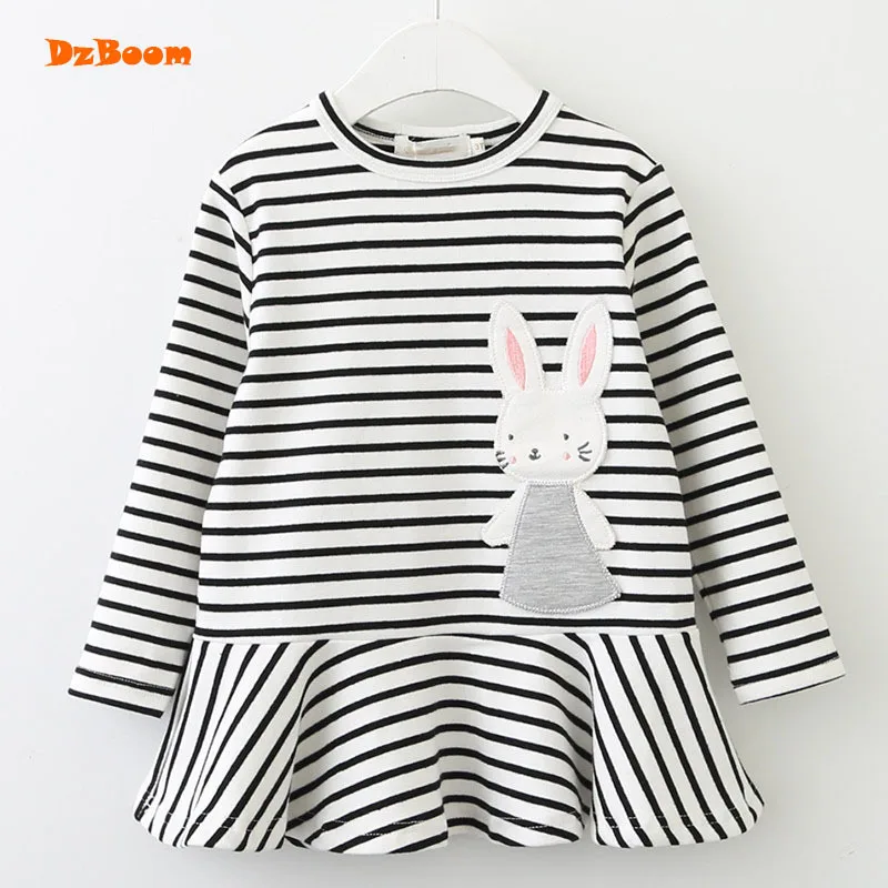 DzBoom Autumn Cartoon Rabbit Kids Girls Dress Children Casual 2018 New Pattern Cotton Stripe Long Sleeve Princess Dresses | Детская