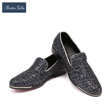Christia Bella Men Dress Shoes Luxury Party Wedding Handmade Loafers Bling Bling Sequined Slip on Smoking Slippers Men Flats