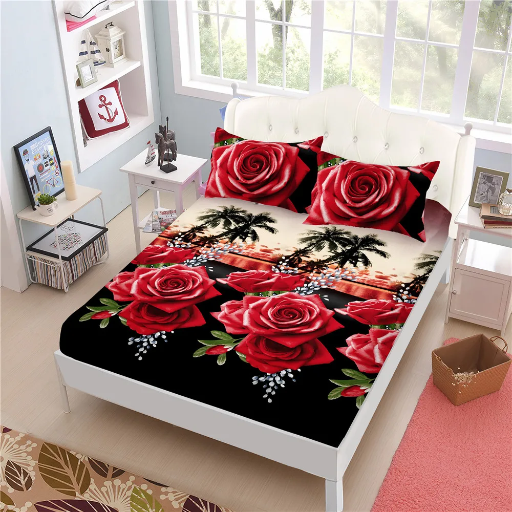 

3D Rose Sheets Set Flowers Print Polyester Bed Linen Elastic Fitted Sheet Bed Sheet Pillowcase Mattress Cover Bedspreads D49