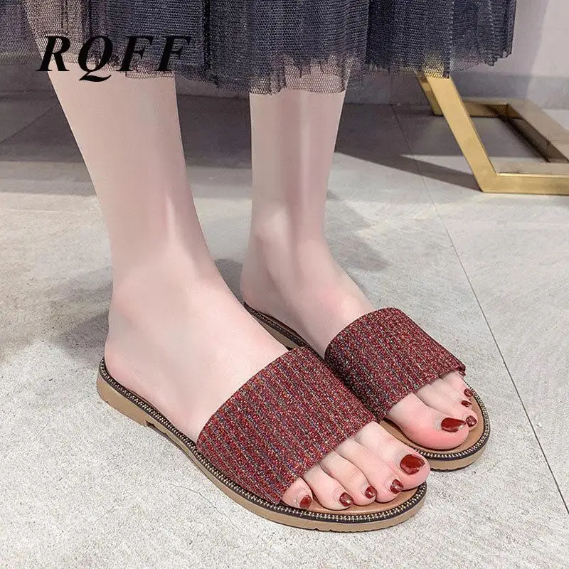 

RQFF Slippers Women Summer Outside Slides Fashion Basic Sequined Cloth Bling Flat With Sandals Black Silver With Shoes 2019