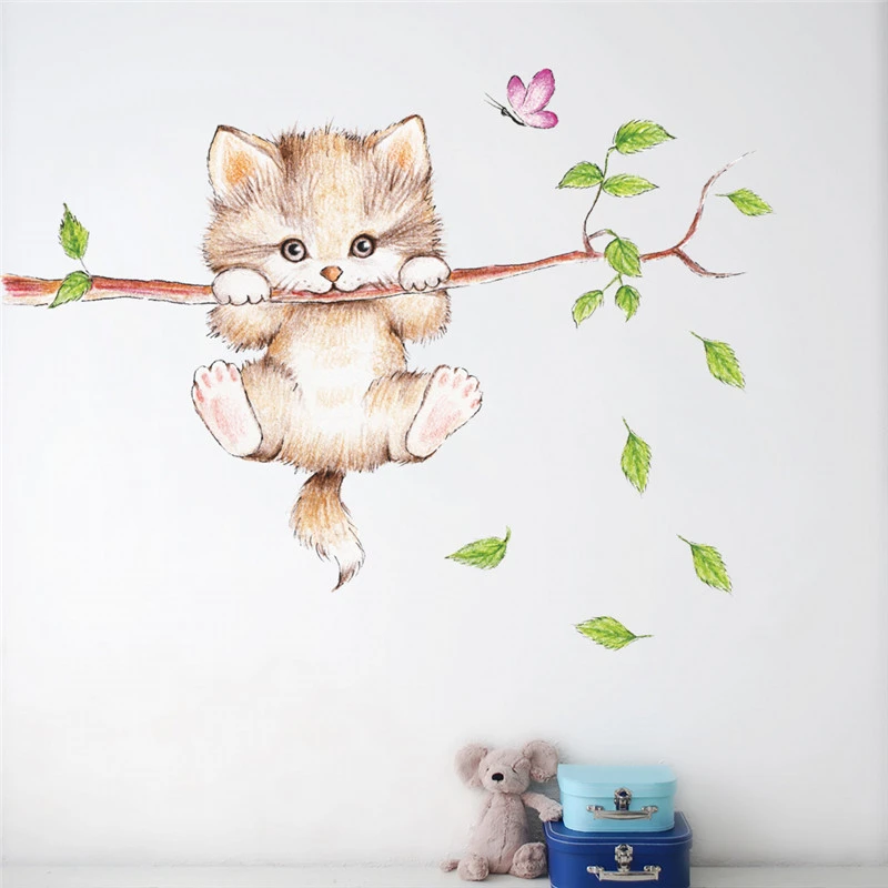 

Cartoon Cat Wall Stickers Kindergarten Environmental Layout Tree Branch Butterfly Light Switch For Room Wall Arts Decorative
