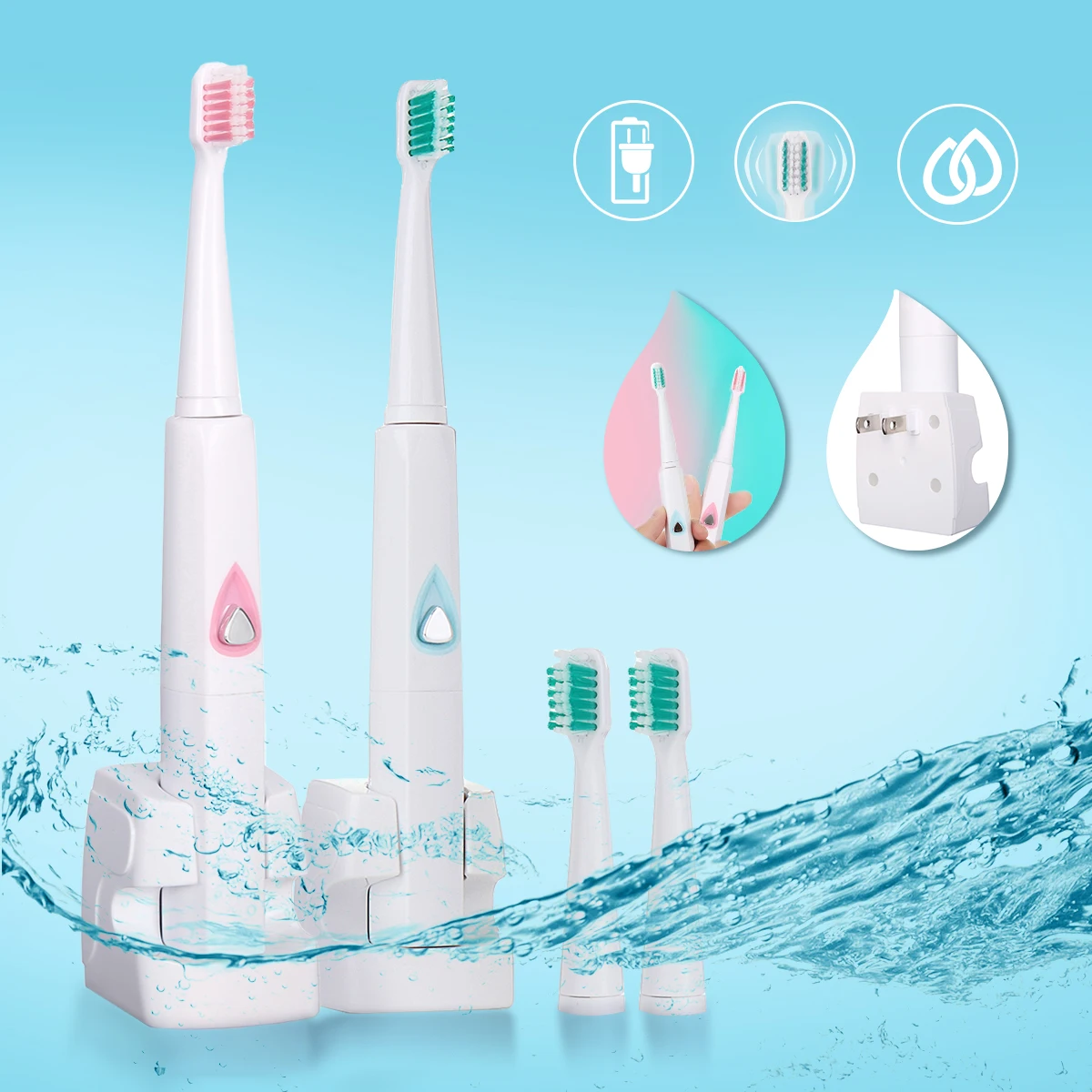 

1 Set US Plug Waterproof Ultrasonic Electric Toothbrush+3pcs Replacement Heads Rechargeable High Vibration Tooth Brushes