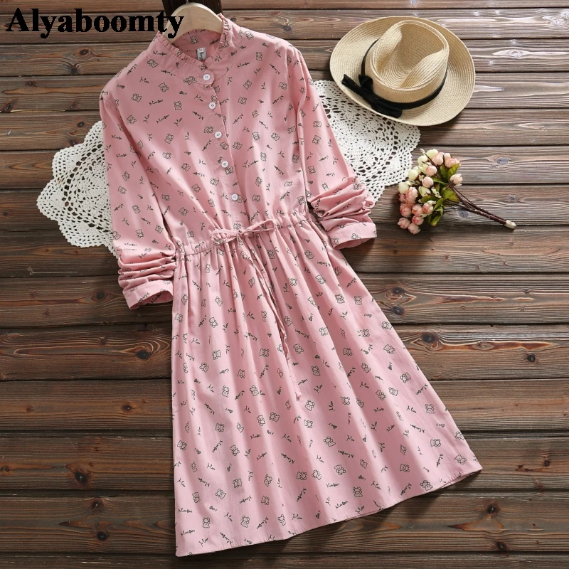 

New Mori Girl Spring Autumn Women Cute Dress Ruffled Collar Blue Pink Anime Bear Lace Up Dress Elegant Kawaii Sweet Cotton Dress