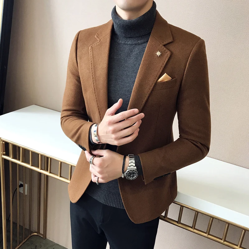 

Wool Blend Blazer Men Vintage Retro Slim Fit Blazer Hombre Casual Men Coat Designer Blazer Masculino 3 Colors Green Khaki Black