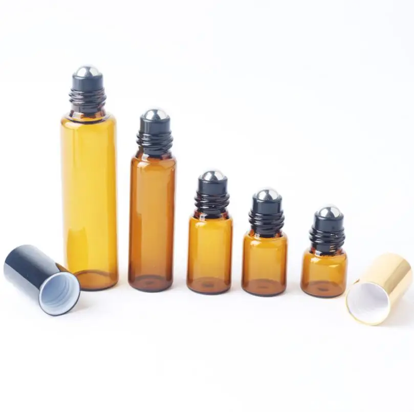 

100pcs 1/2/3/5/10ml Amber Glass Essential Oil Perfume Roller Ball Bottle Roll On Vials Travel Cosmetic Aromatherapy Containers