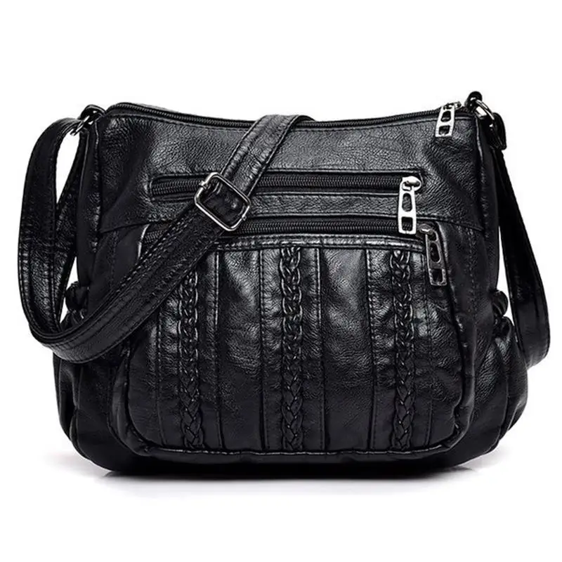 

Fashion Women Crossbody Bag Black Soft Washed Leather Shoulder Bag Patchwork Messenger Bag Small Flap Bag For Girls Black
