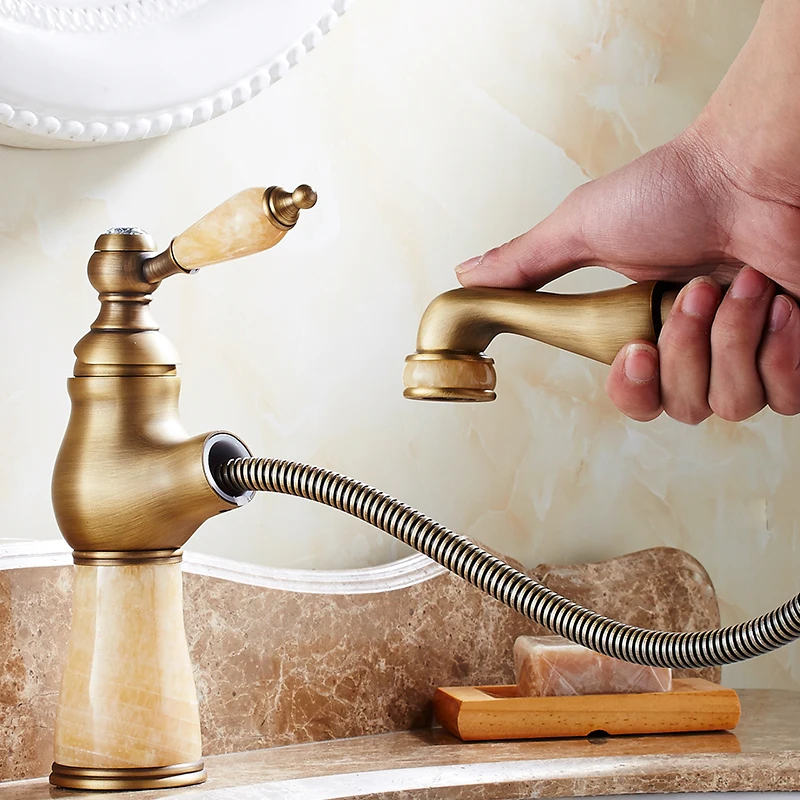 

European Retro Style Bathroom Basin Faucet Pull Out Bathroom Flexible Basin Faucets Jade Spout Kitchen Mixer Tap