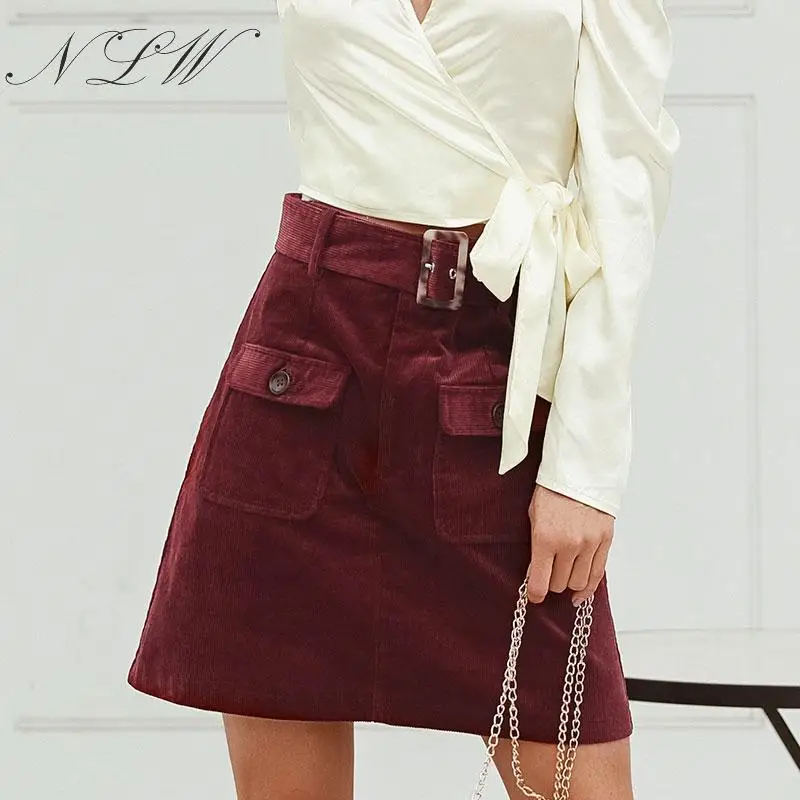 NLW Вельветовая юбка с высокой талией, женская короткая юбка с поясом и карманами, Осень-зима, модная мини-юбка трапециевидной формы для женщин, Faldas Mujer