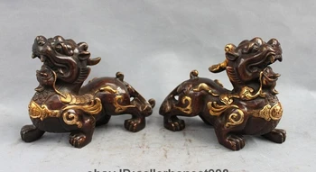 

China Bronze Gilt Fengshui Attract Wealth Brave troops Pixiu Unicorn Statue Pair