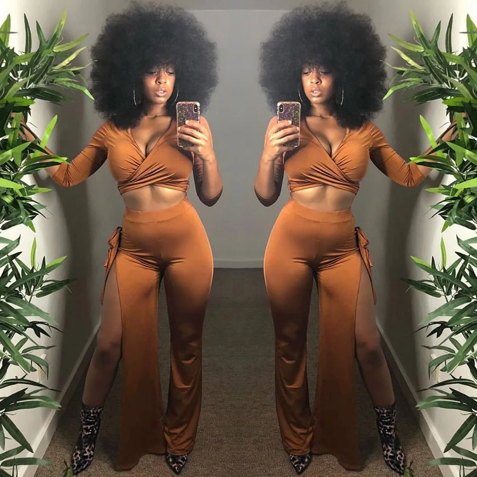

2019 Spring Women Suit Solid Two 2 Piece Set Fashion Tracksuits crop Top T Shirt Long Sleeve and Split Wide Leg Trousers Split