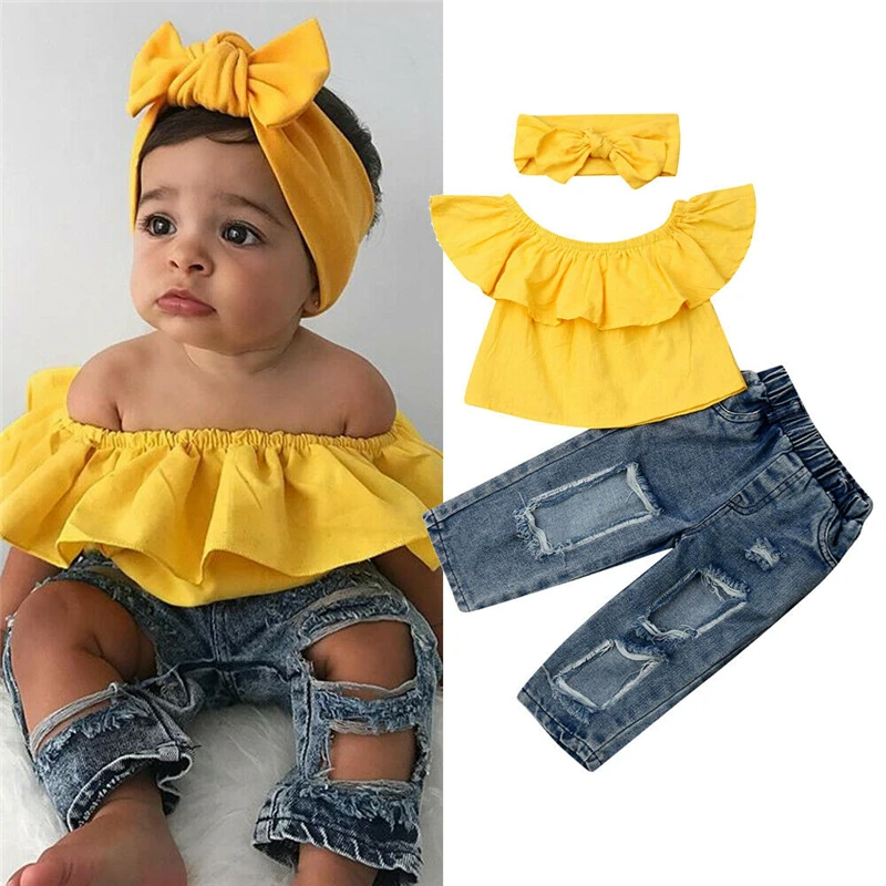 

1-6T Toddler Kids Baby Girls Fashion Clothes set Ruffles Crop Top T-shirt Denim Jeans Pants Cute lovely Streetwear