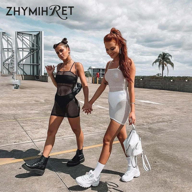 ZHYMIHRET черное сексуальное прозрачное Сетчатое платье женское летнее Мини Платье
