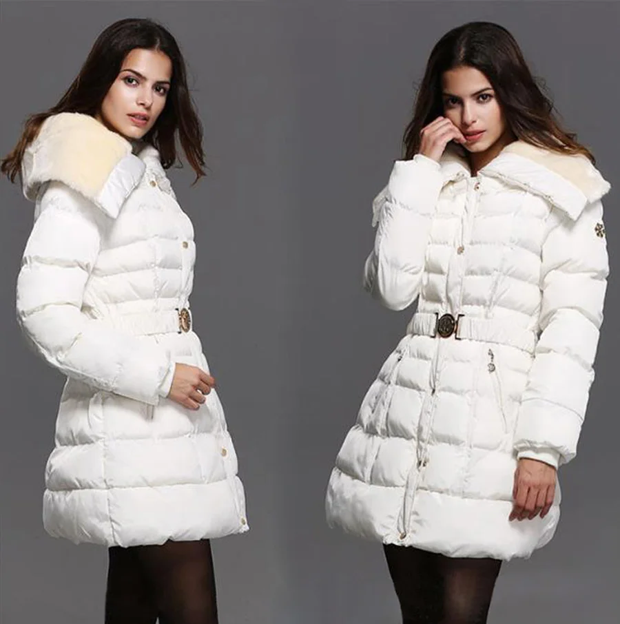 2016 Winter Women s Fashion Slim Long Section Rabbit Fur Collar with Belt White Down Cotton