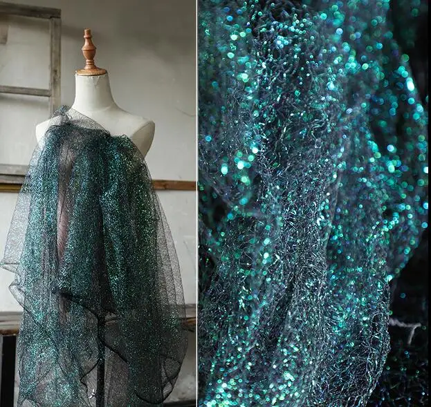 

Green patches mesh texture silk bright polyester fabric / colorful laser fabric color mannequin tweed stripe dress fabric A019