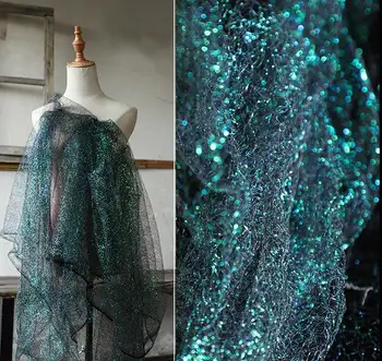 

Green patches mesh texture silk bright polyester fabric / colorful laser fabric color mannequin tweed stripe dress fabric A019