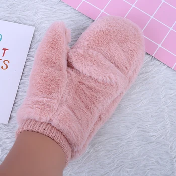 

Fashion Winter Thickened Whole Covered Finger Mittens for Women Plush Gloves Fluffy Rabbit Dual-layer Hang on Neck Type Mittens
