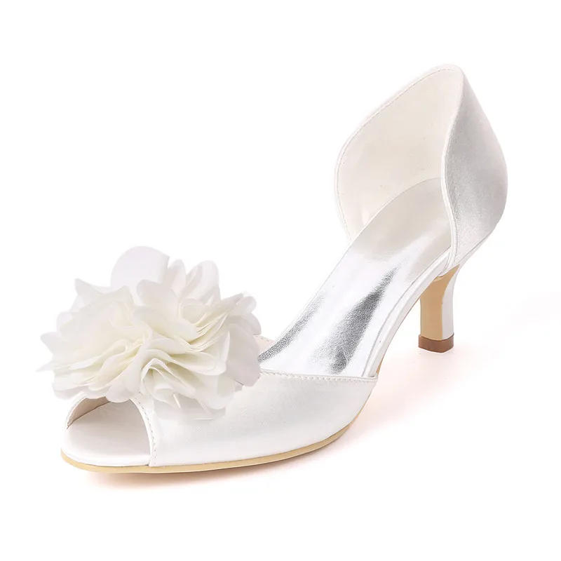

Kitten Heels Satin Floral Wedding Shoes Women Peep Toe Slip on Flower Heeled Wedding Bridal Party Dress Pumps Women