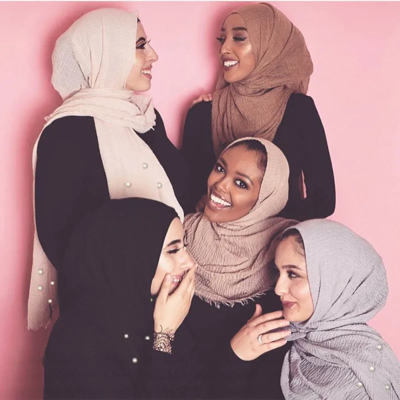 Стиль с жемчужный шарф женские мягкие однотонные хиджабы шелковое кашне платки большой пашминовый мусульманский Женщины wrap headscarves10pcs