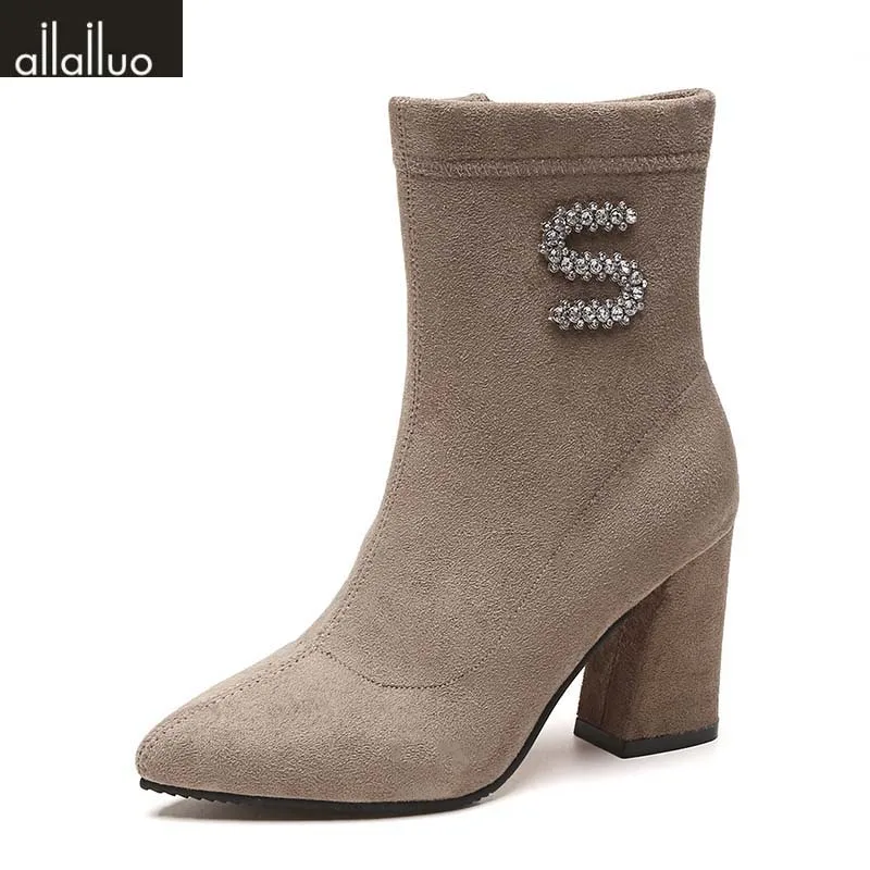 Suede boots Pointed Toe Autumn Spring Zipper Mid Calf Square High Heel Women Shoes | Обувь