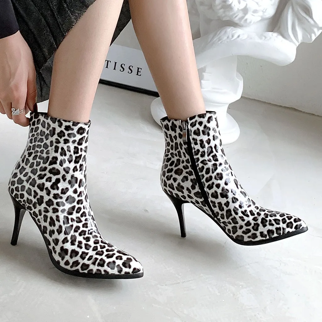 

Ladies Sexy shoes Chelsea Boots Thin Heels Pointed Toe Womens Patent Leopard Boots Middle-Heeled Ankle Zipper Casual Boots Shoes