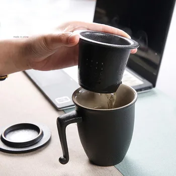 

300ML Ceramic Coarse Pottery Mug with Cover Filter Ceramic Teacups Household Large Capacity Health Cup Mug Milk Coffee Tea Cup