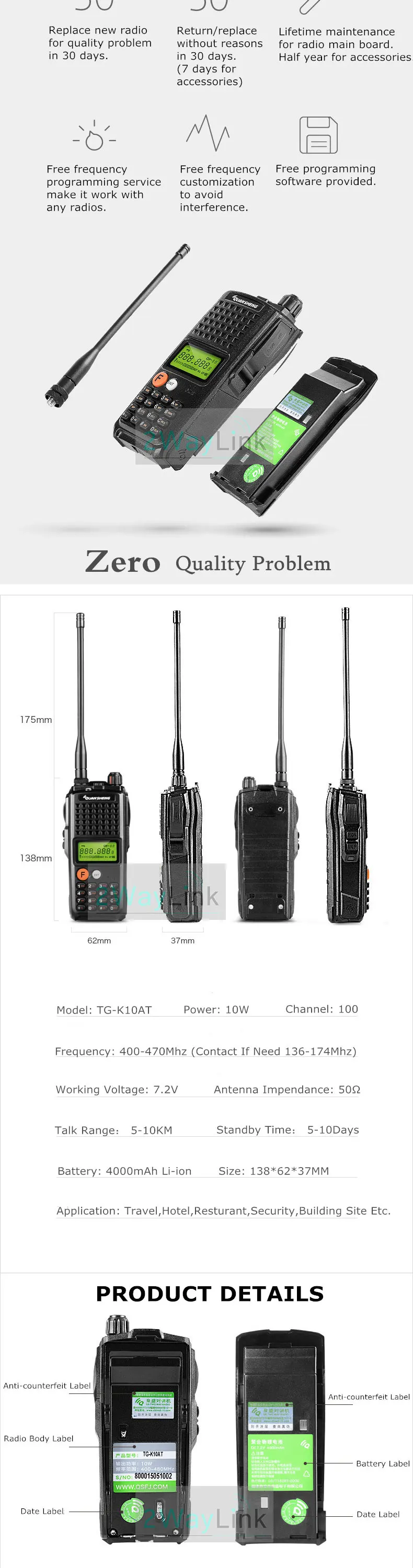10 Вт QuanSheng TG-K10AT Walkie Talkie 10 км TG K10AT радио comunicador 10 км UHF400-470MHz дополнительный VHF диапазон двухстороннее радио 4000 мАч