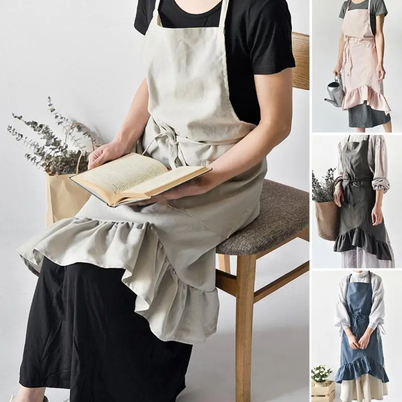 2018 New Women Pocket Home Ruffle Apron Linen Kitchen Dress Dining