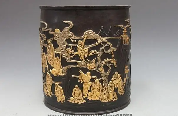 

Royal Copper 24K Gold Silver-Gilt Eighteen Arhat reels pencil vase brush pot