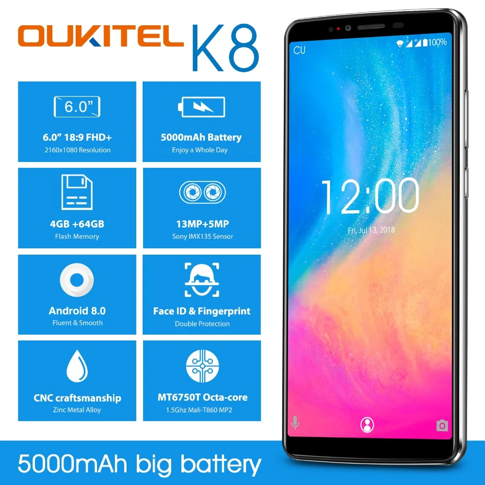 OUKITEL K8 4G мобильные телефоны Android 8,0 4 Гб+ 64 Гб MT6750T восьмиядерный смартфон 5000 мАч с функцией распознавания лица 6,0 дюйма, отпечаток пальца, сотовый телефон