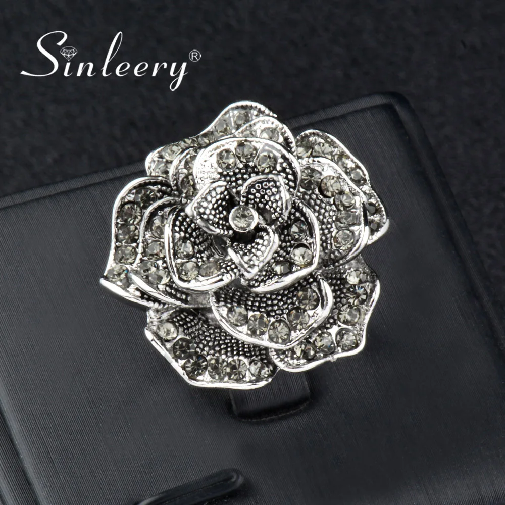 

SINLEERY Vintage Big Flower Rings With Cubic Zirconia Antique Silver Color Women Wedding Jewelry Anel JZ194 SSH