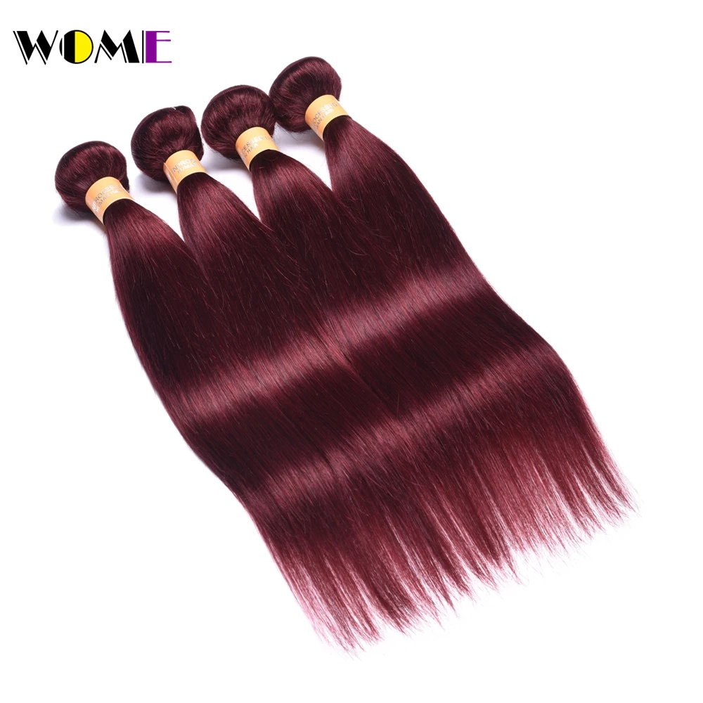 Wome Pre-Colored Straight Human Hair Bundles 4 PCS #99J Red Wine Color Mongolian Weave Burgundy Sew-in Extensions | Шиньоны и парики