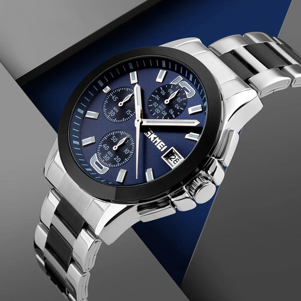 

3atm Water Resistance Man Wristwatch White/black/blue Dial Business Wrist Watch Zinc Alloy Plating Stainless Stell Band Strap